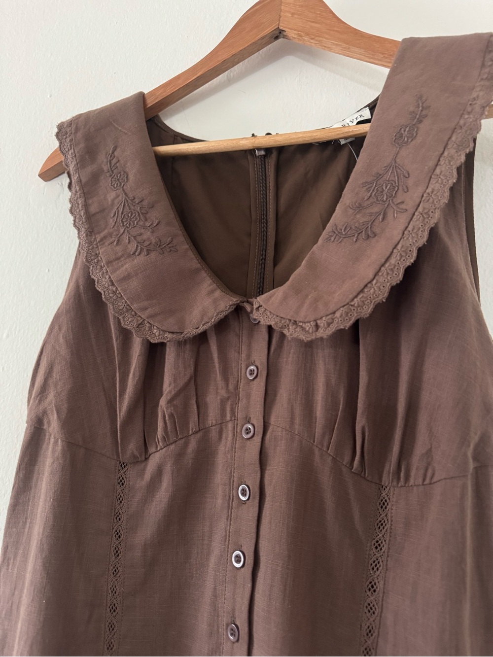 Moon River M Maxi Dress Peter Pan Collar Cottagecore Embroider Chocolate Brown - Picture 4 of 11